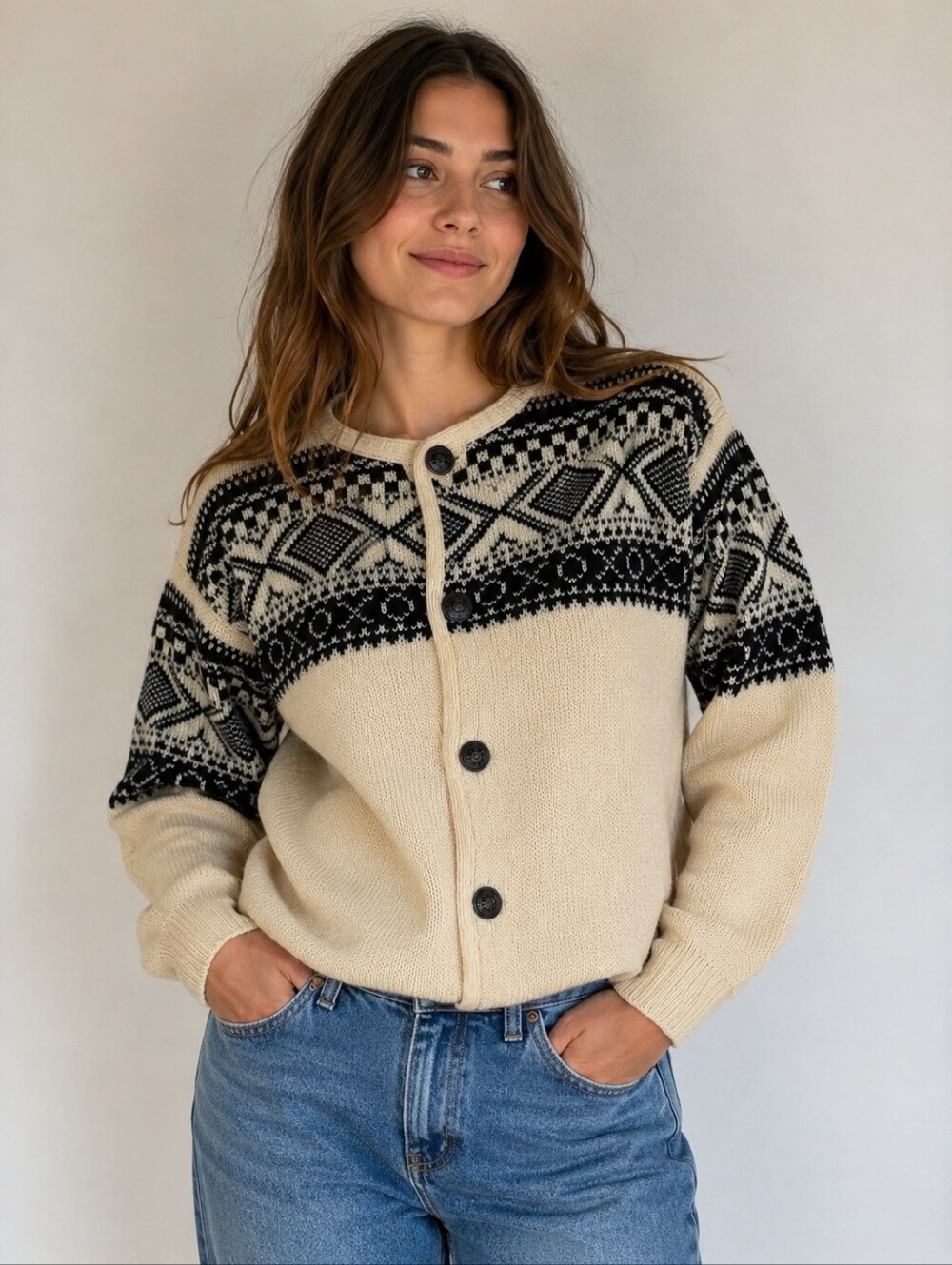 Nordics by Ren-Dale Pure Wool Nordic Print Fair Isle Knit Cardigan Sweater
